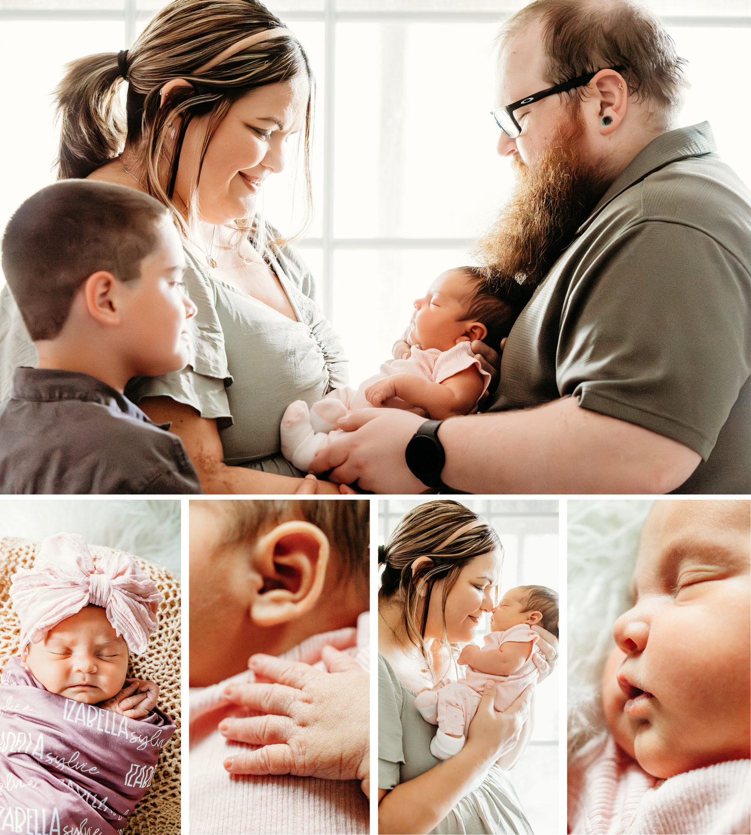 A family newborn photo collage featuring parents with their older child and sleeping baby, with close-up details of the infant.