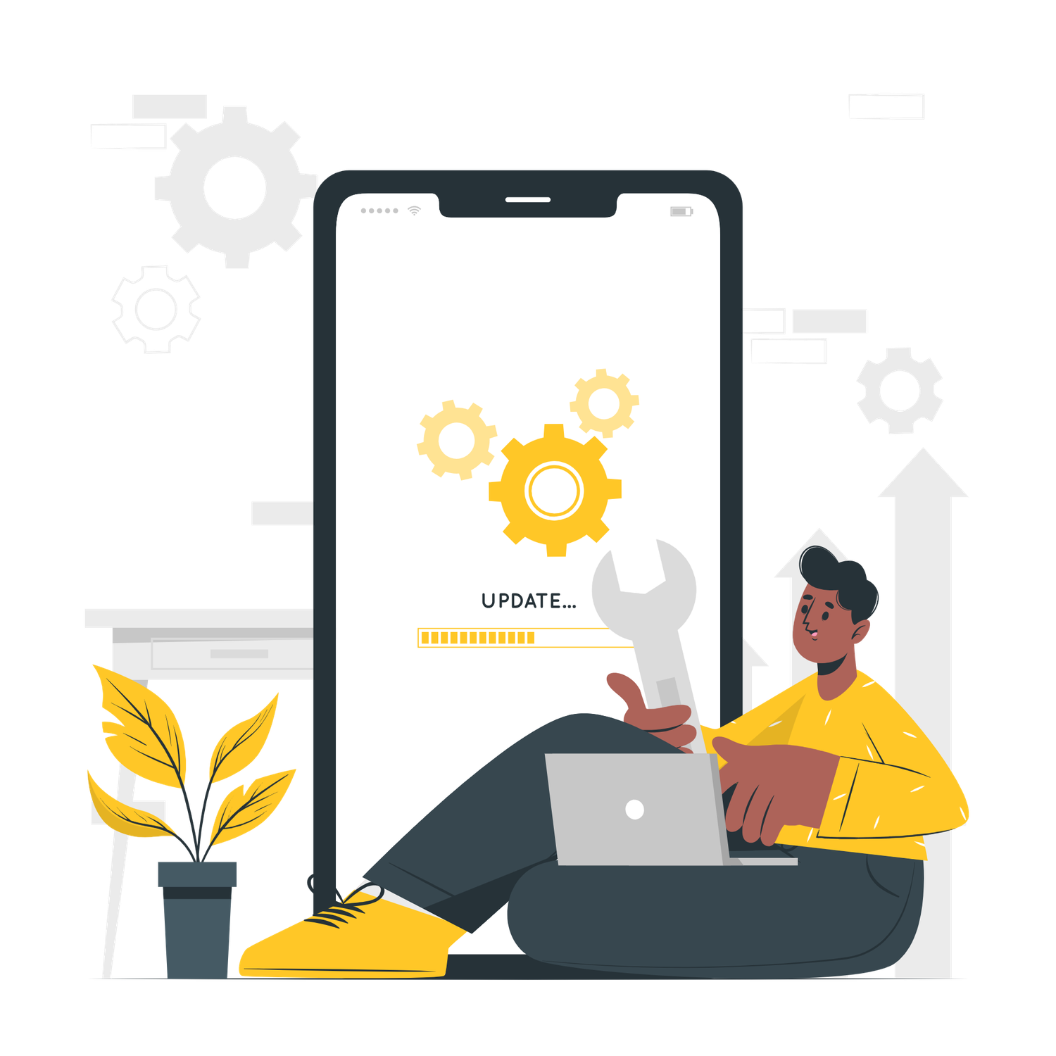 Illustration of a young man updating his phone software on a laptop, with gears and a wrench on the screen.