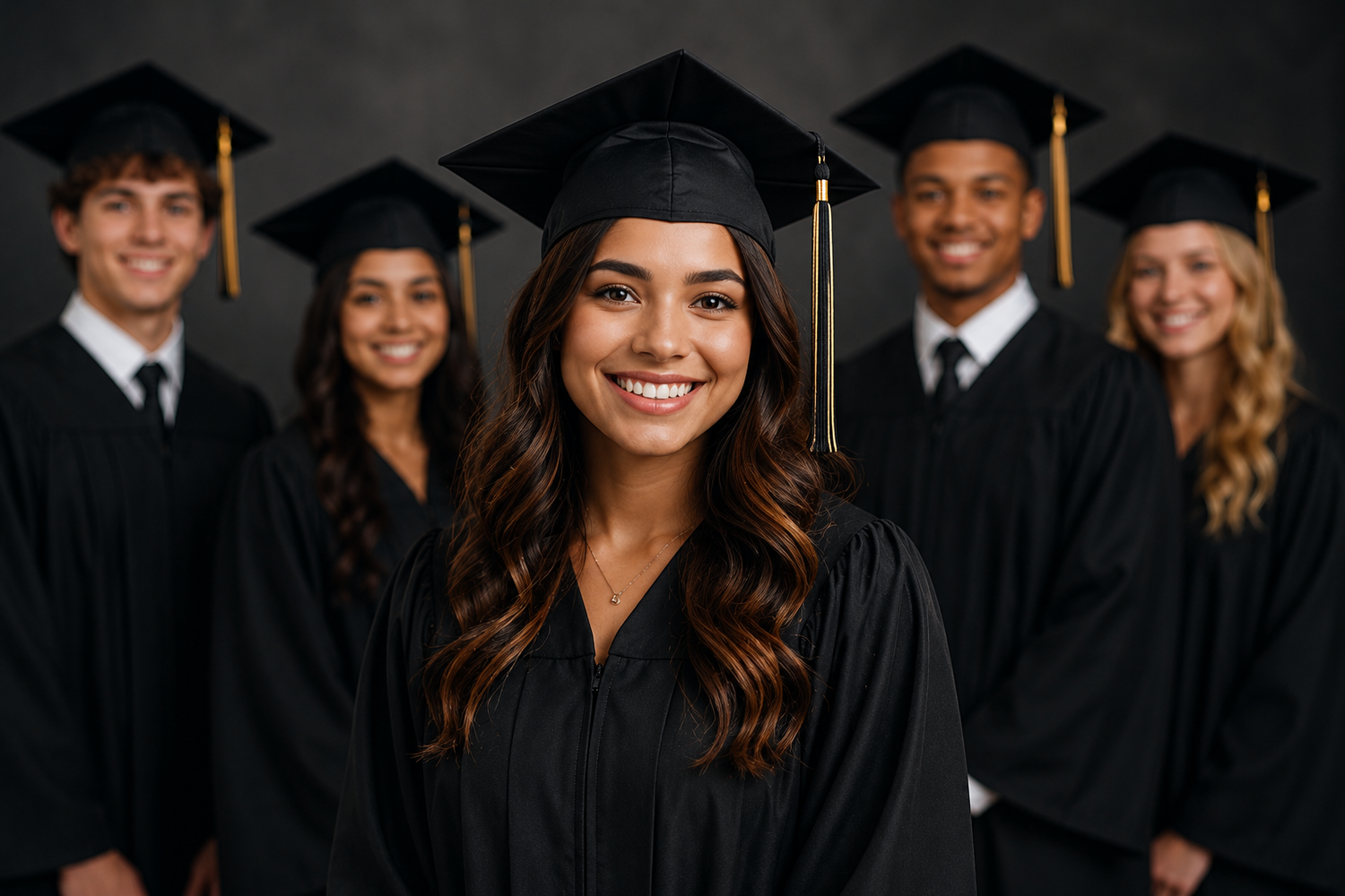 A diverse group of smiling graduates in black caps and gowns celebrating their graduation day.