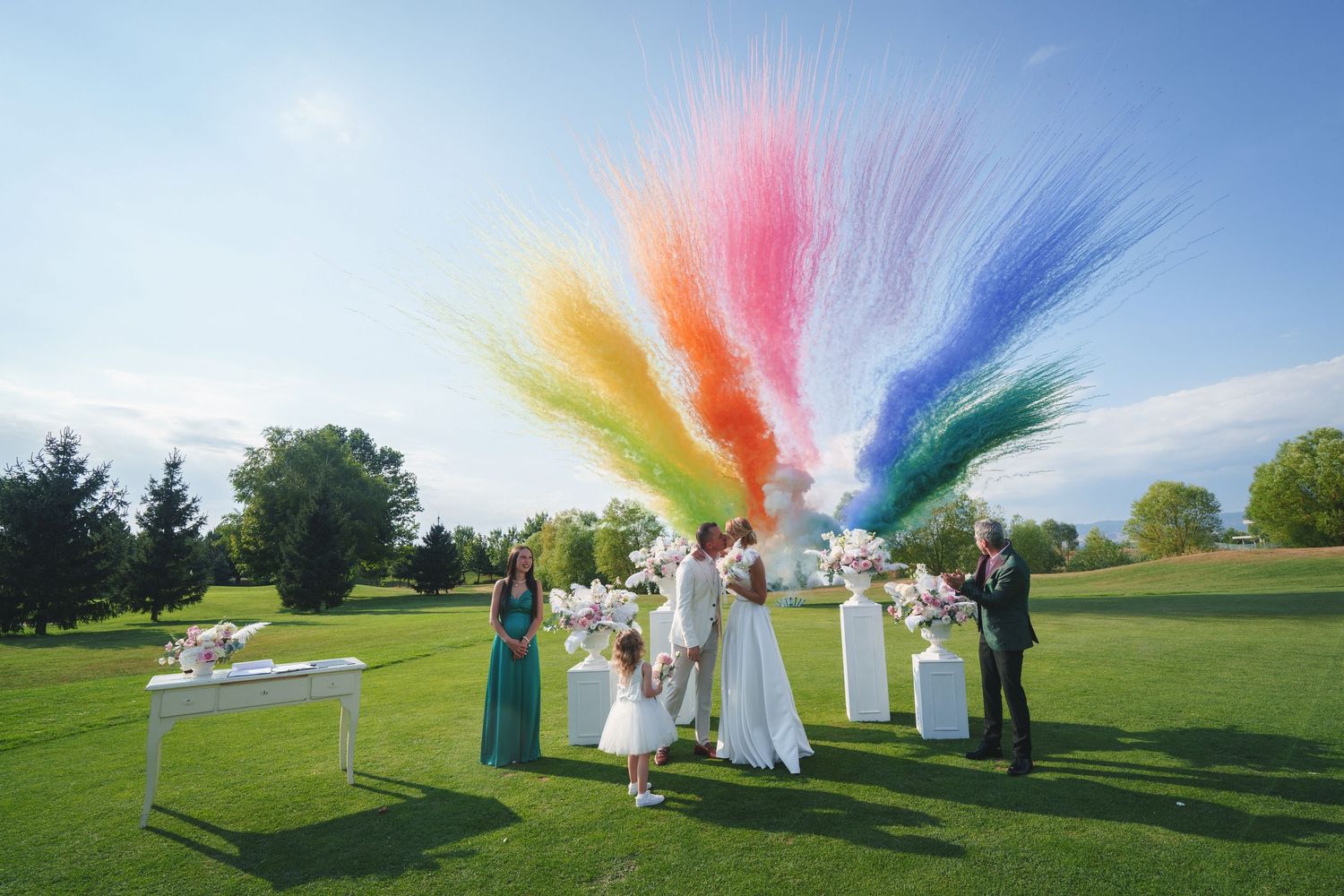 Joyful wedding guests and newlyweds celebrate with raised arms during an outdoor reception ceremony.
