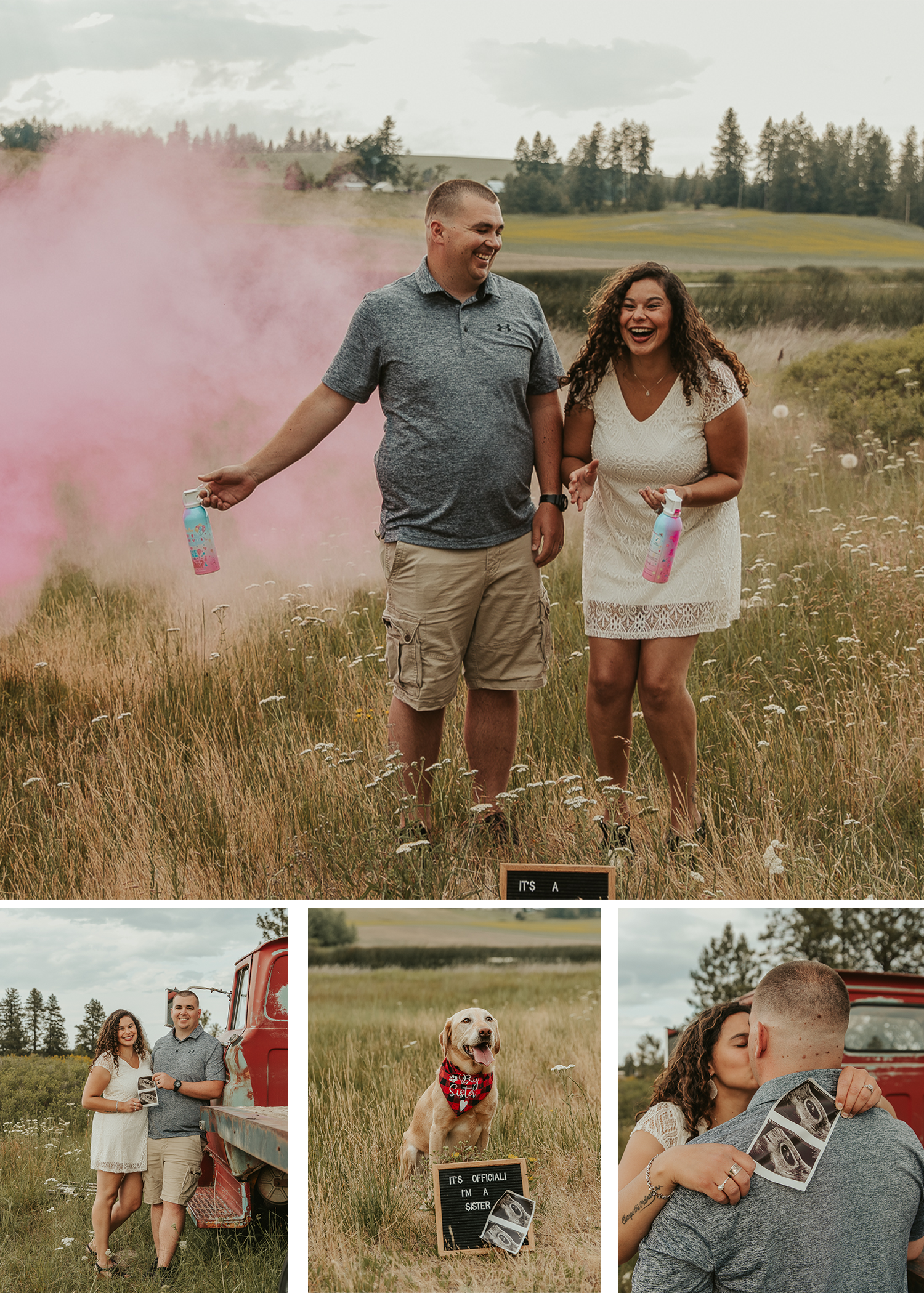 Celebrating gender reveal with pink powder smoke bombs in open field at outdoor photography venue in Spokane, Spokane family photographer
