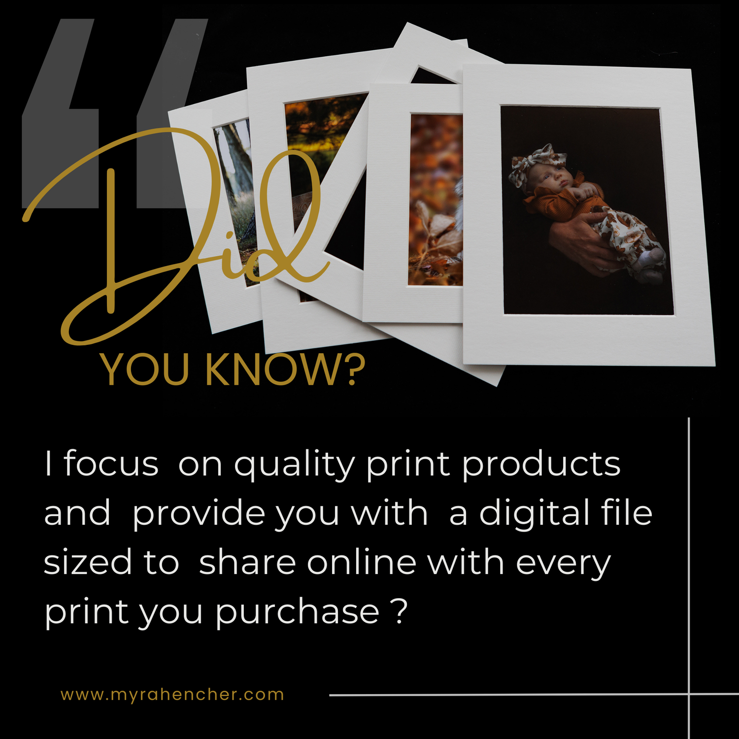 Marketing image showing scattered Polaroid-style photos and gold text about quality print products and digital file services.