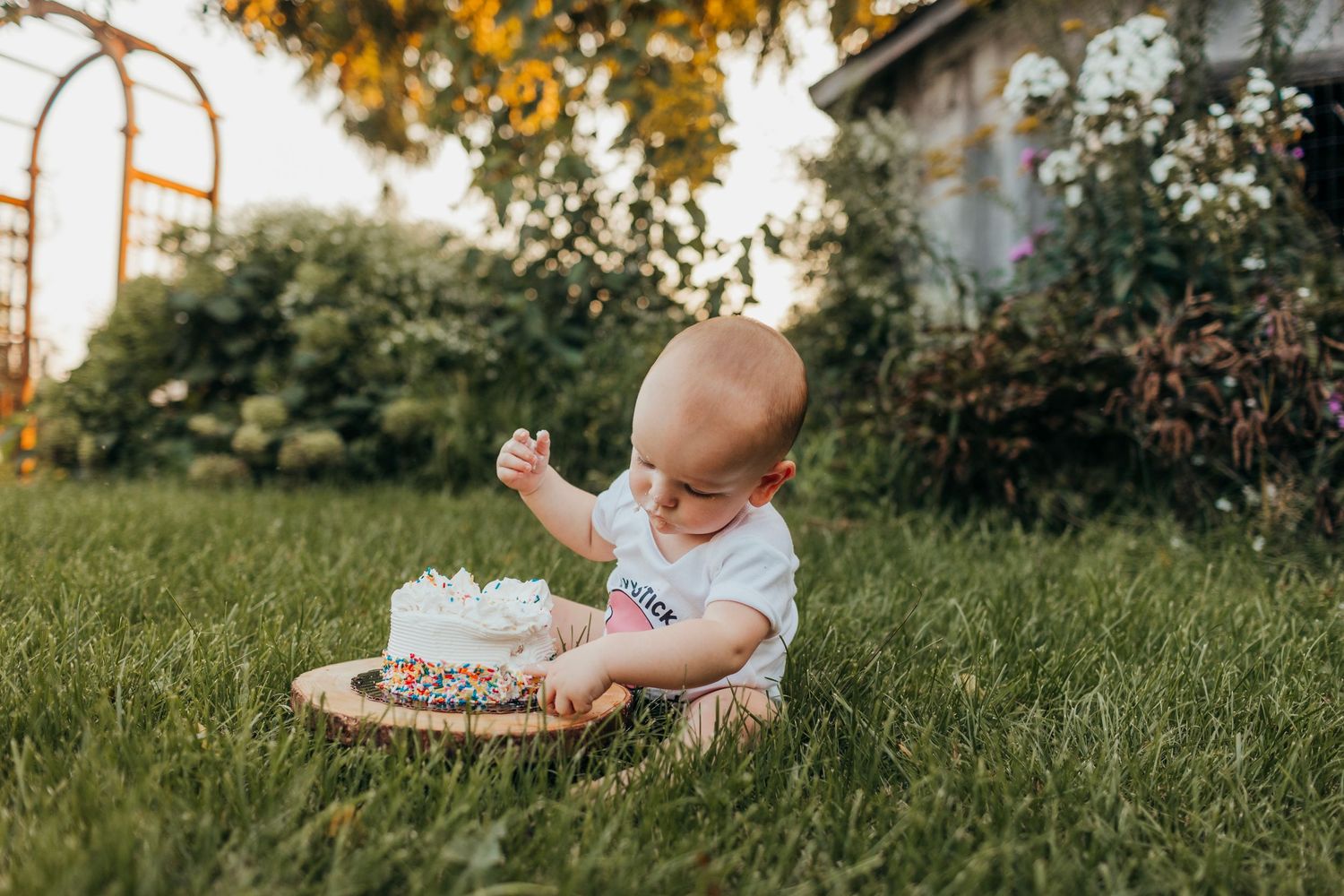 A small child sits in grass near a birthday cake with lit candles at sunset.
