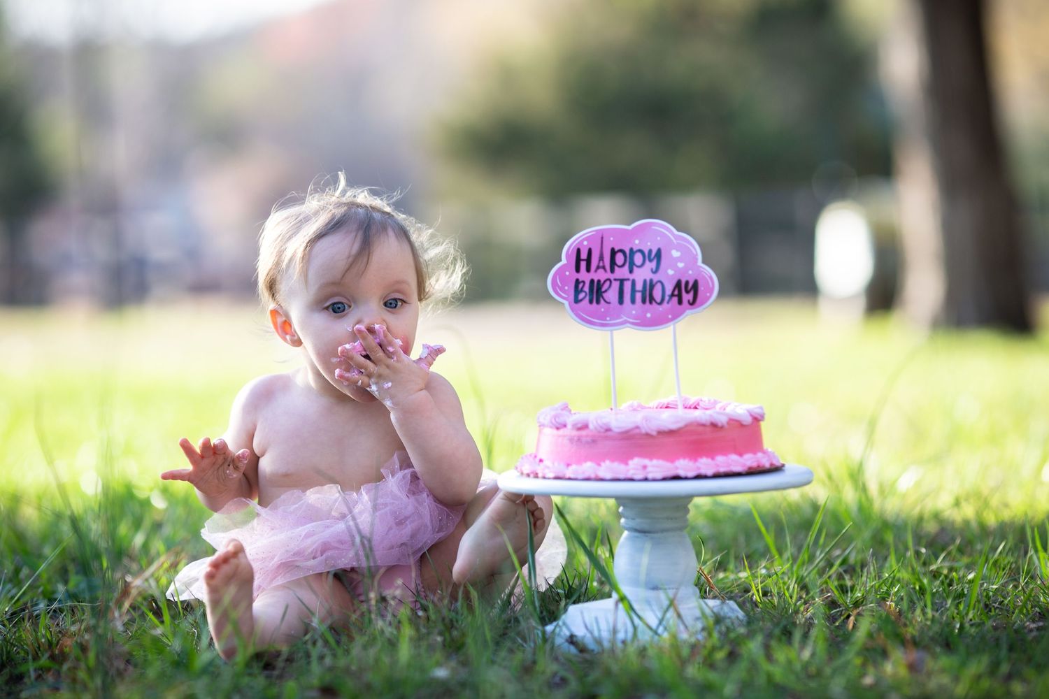 Baby girl in pink tutu smashing her first birthday cake outdoors on green grass.