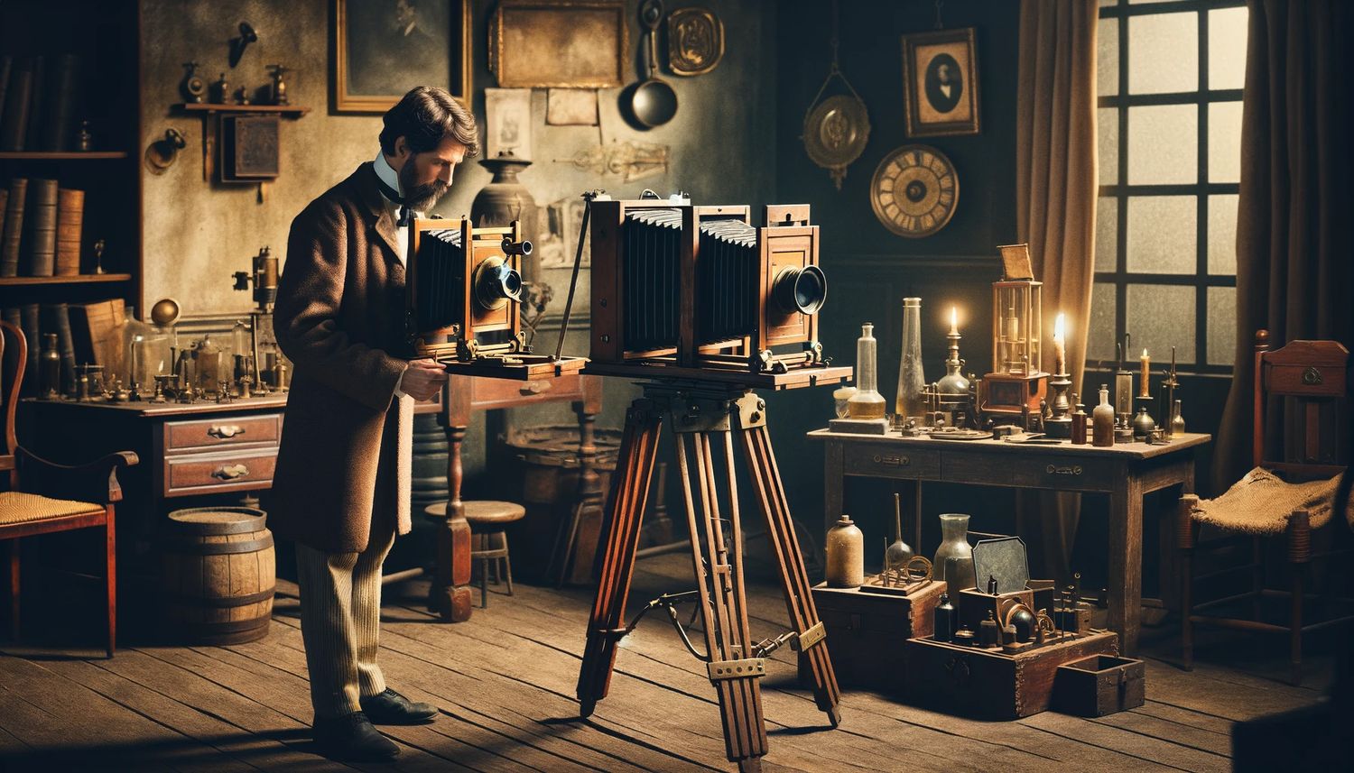 Vintage photographer working with large format camera in candlelit studio workshop.