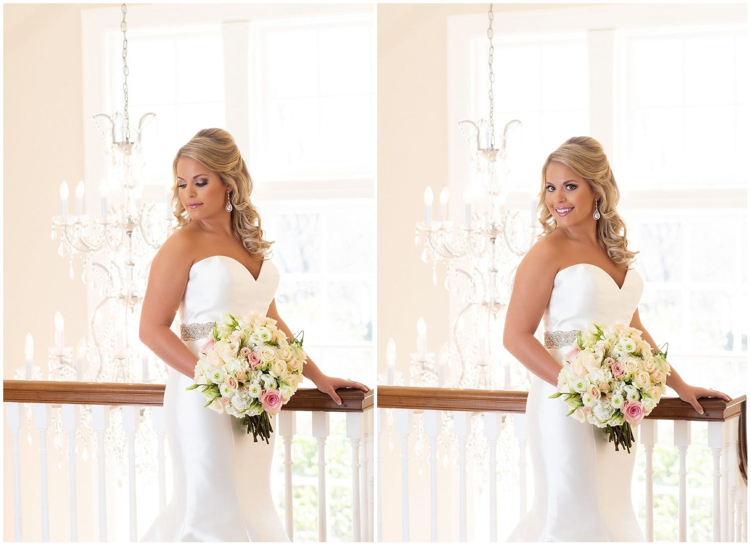 Elegant bridal portrait with white bouquet in sunlit room with side-by-side comparison.