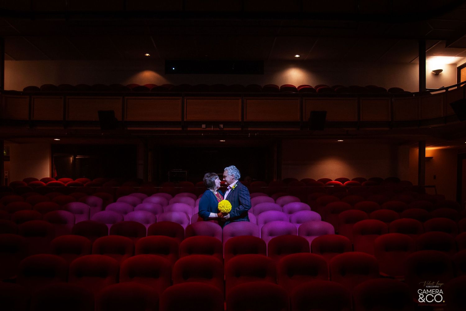 Empty theater seats illuminated by dim lighting in a dark auditorium.