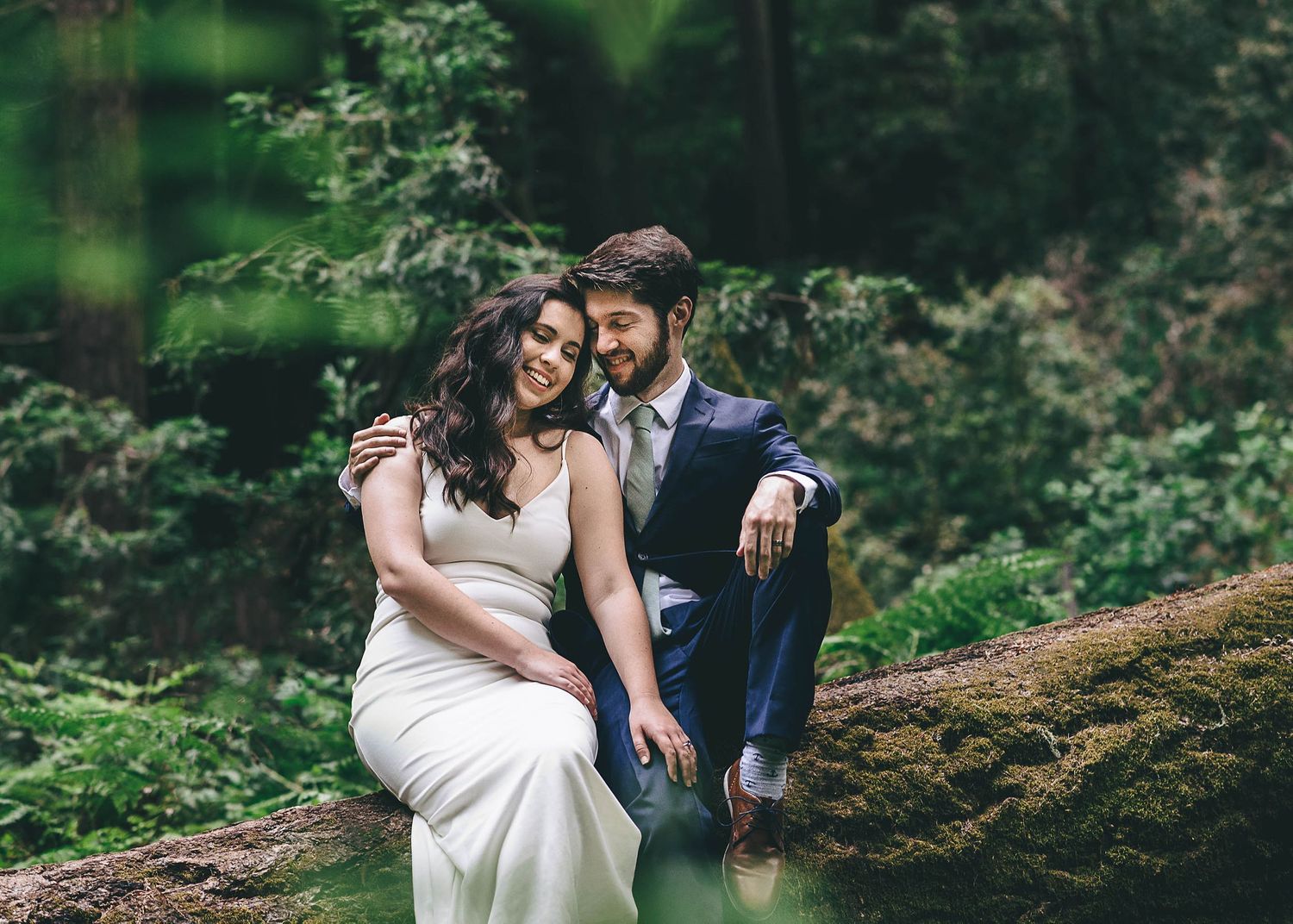 Bride and groom sitting on fallen redwood tree
