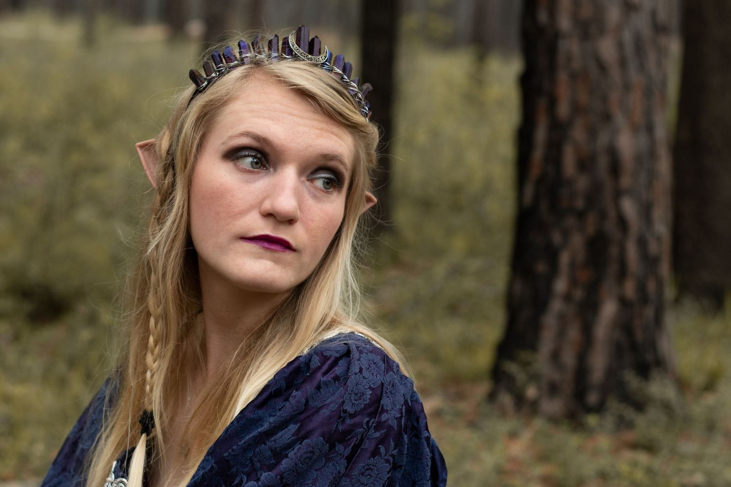 Fantasy portrait in forest featuring medieval style crown and dress.