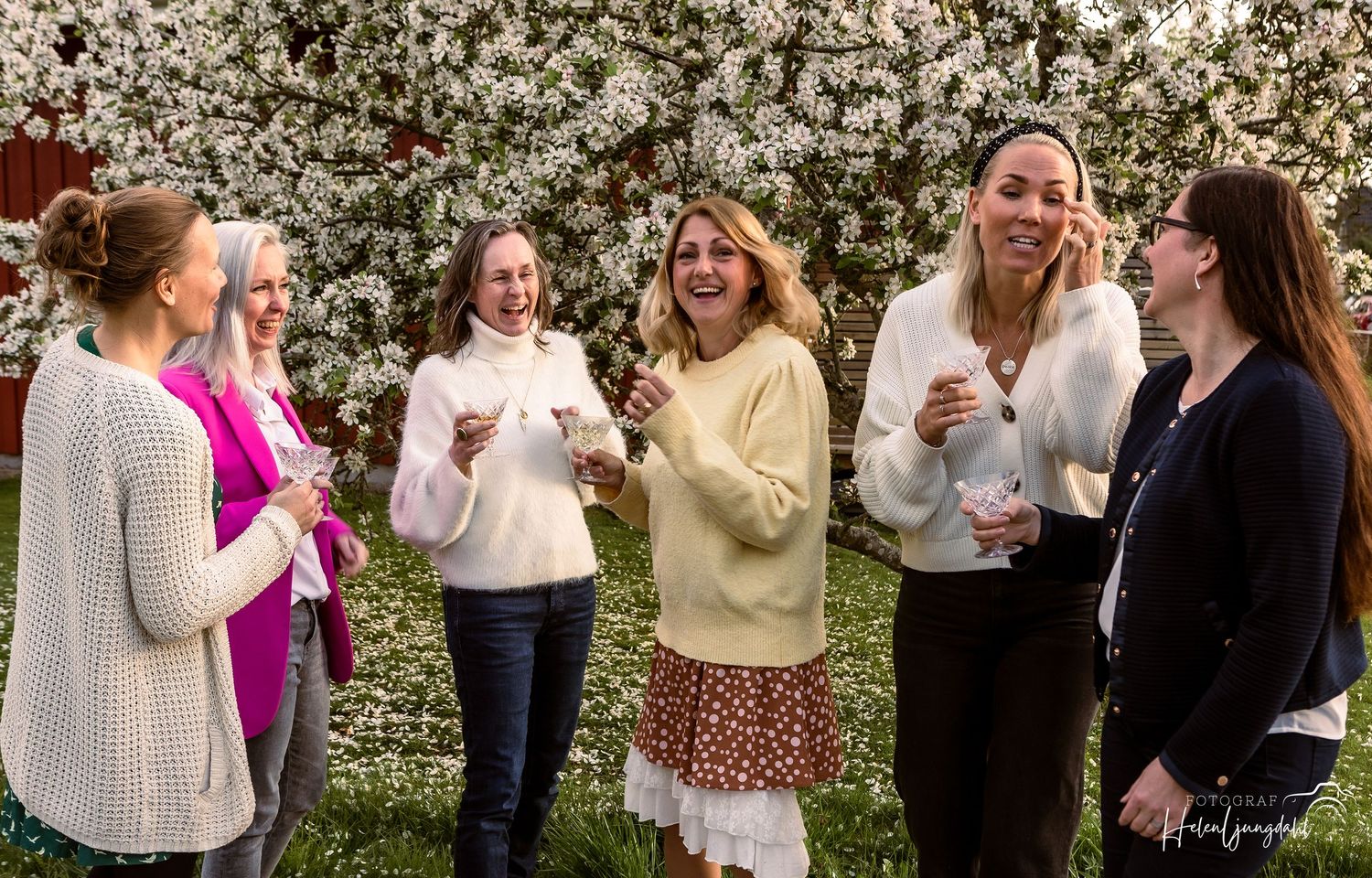 Group gathering outdoors near blooming white fruit trees on a spring day.