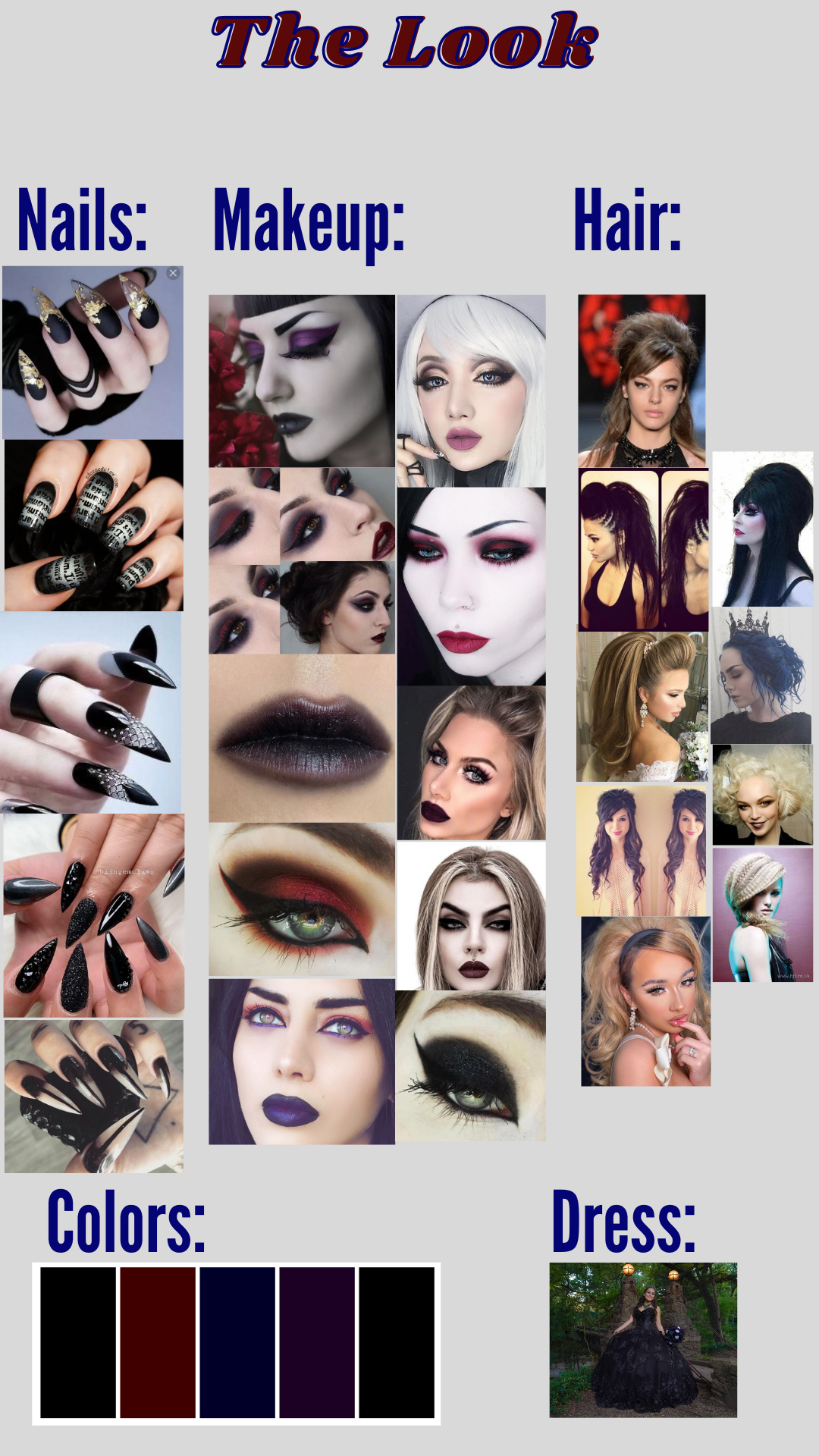 Gothic makeup and styling inspiration board featuring dark lipstick and dramatic eye looks.