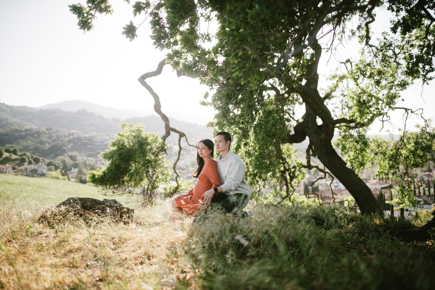 A couple sits on a swing under a large tree in a sun-drenched meadow.