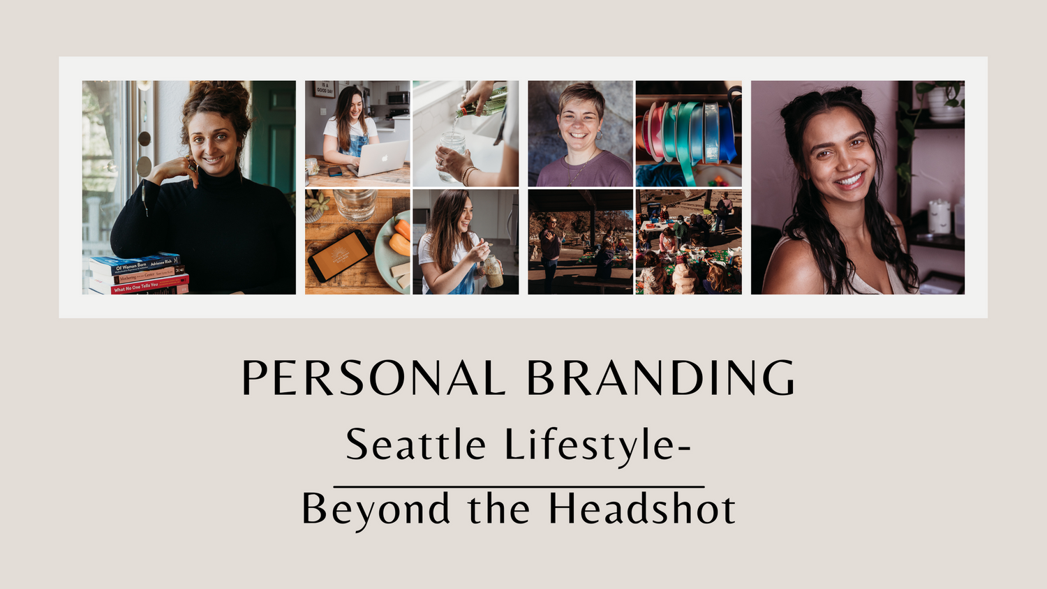 Personal branding photography banner showing lifestyle portraits and candid moments.