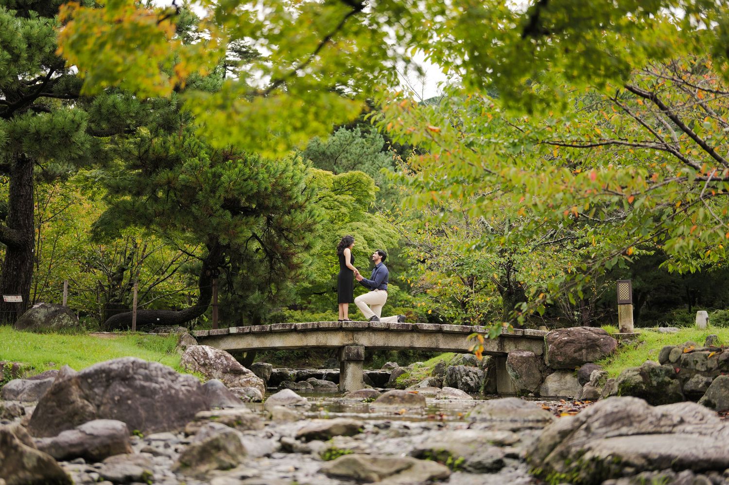 Person practicing yoga on a stone bridge in a lush Japanese garden with green trees and rocky stream.
