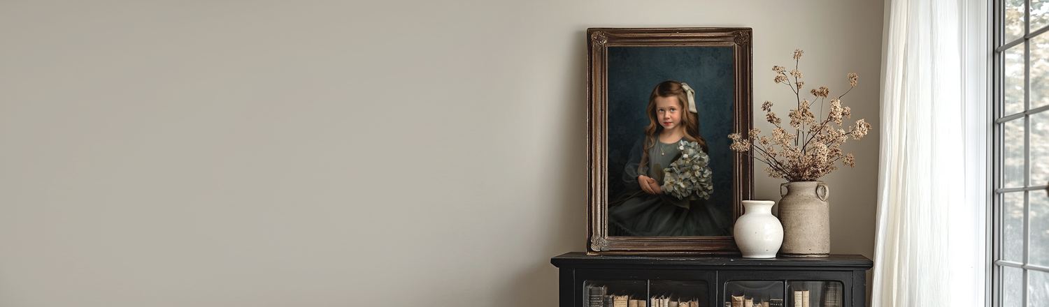 Framed portrait of a young girl in a white dress on a black cabinet with books and dried floral vases.