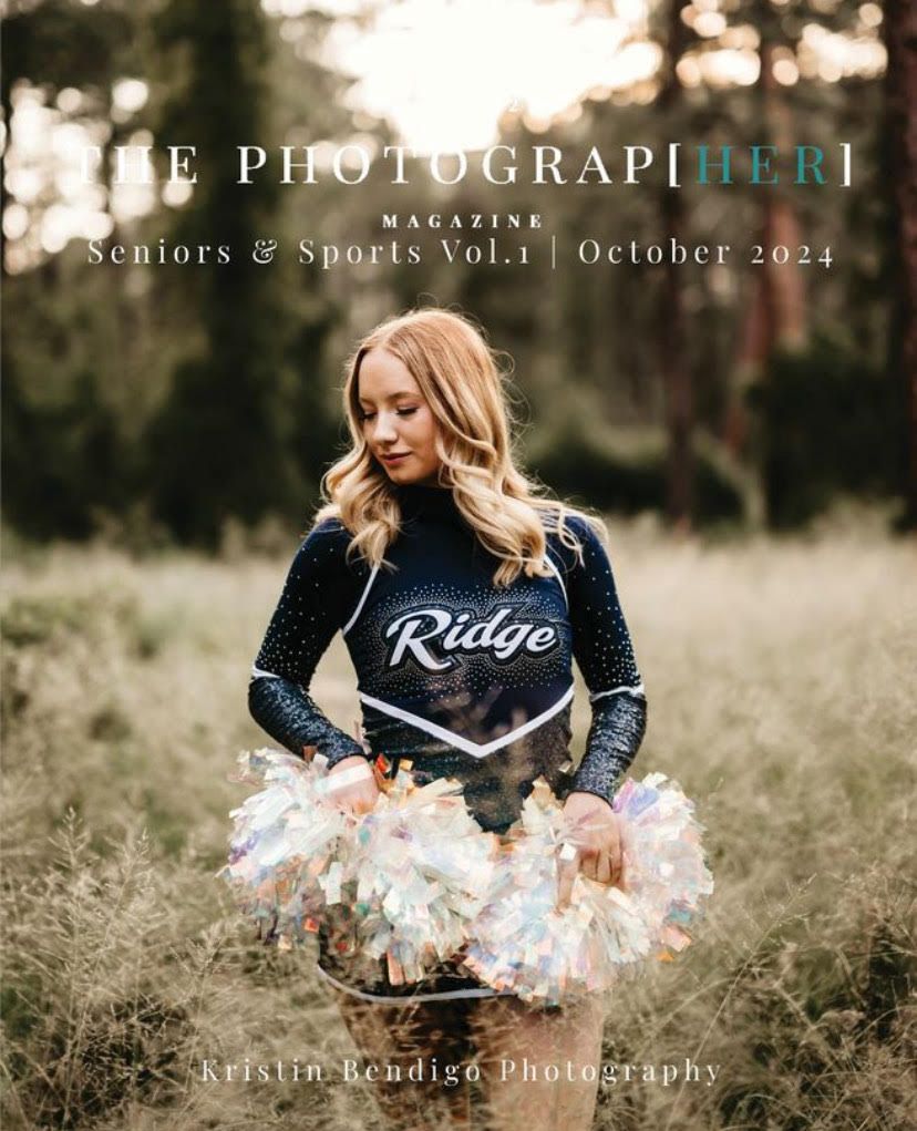 A cheerleader in a Ridge uniform poses with pom poms in a dreamy outdoor setting at sunset.