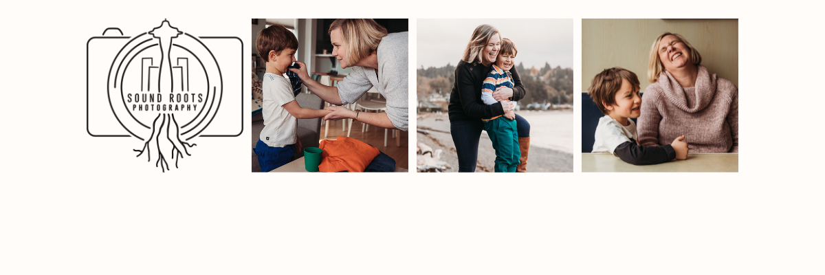 Collection of photo thumbnails showing candid family moments and a camera logo.