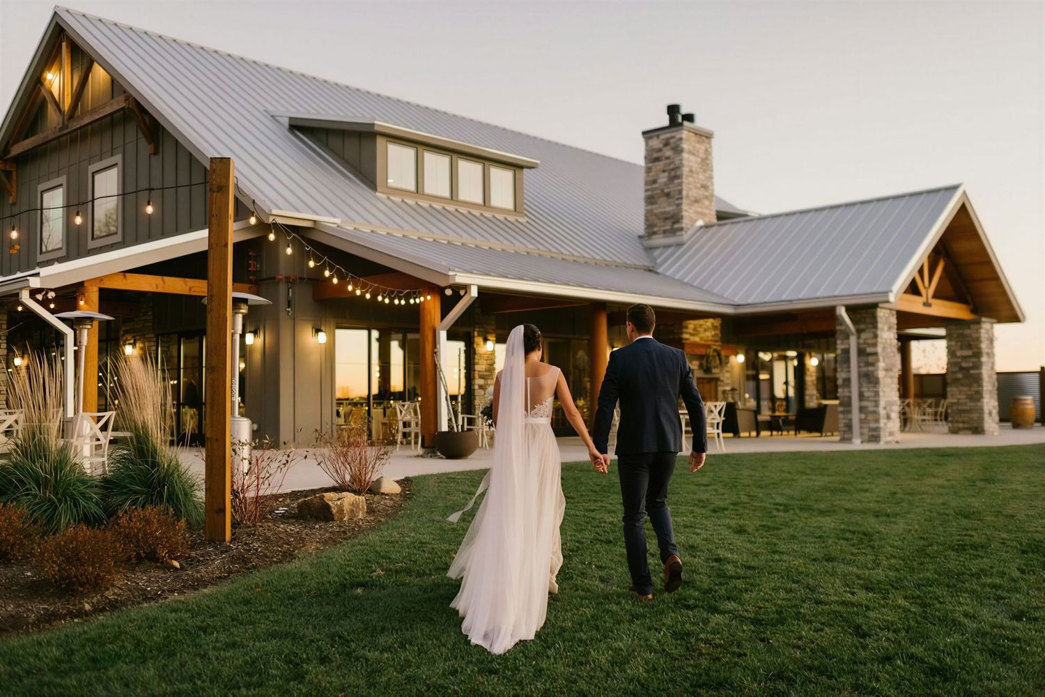 Bride and groom by an outdoor wedding venue in Indiana