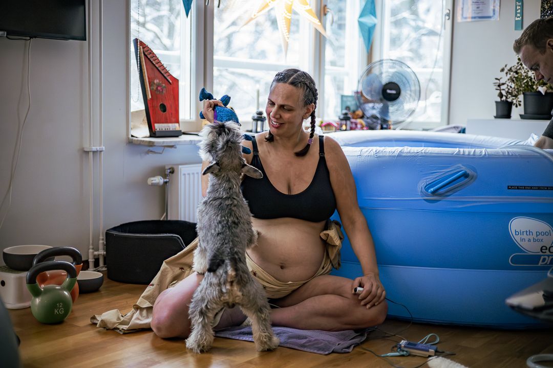 En födande kvinna sitter framför en förlossningspool i sitt hem och leker med sin hund mellan värkar