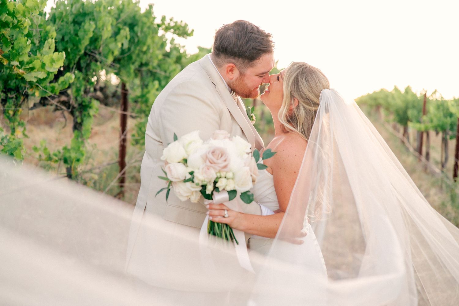 Wedding couple sharing intimate moments among vineyard rows during golden hour.