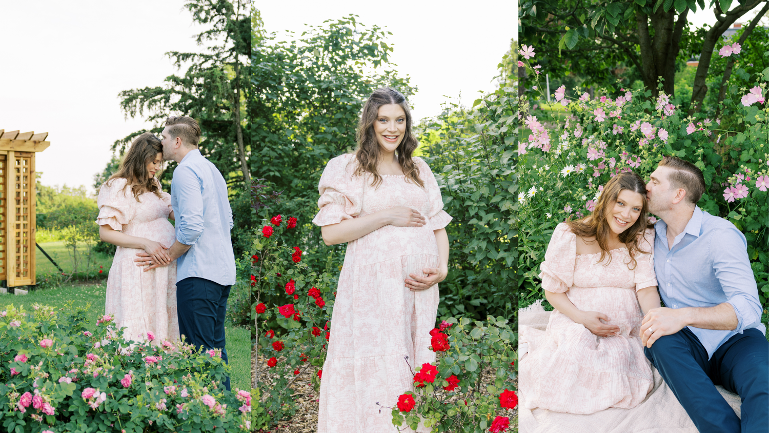 A woman in a pink floral dress lying on a blanket in a lush garden with blooming rose bushes.