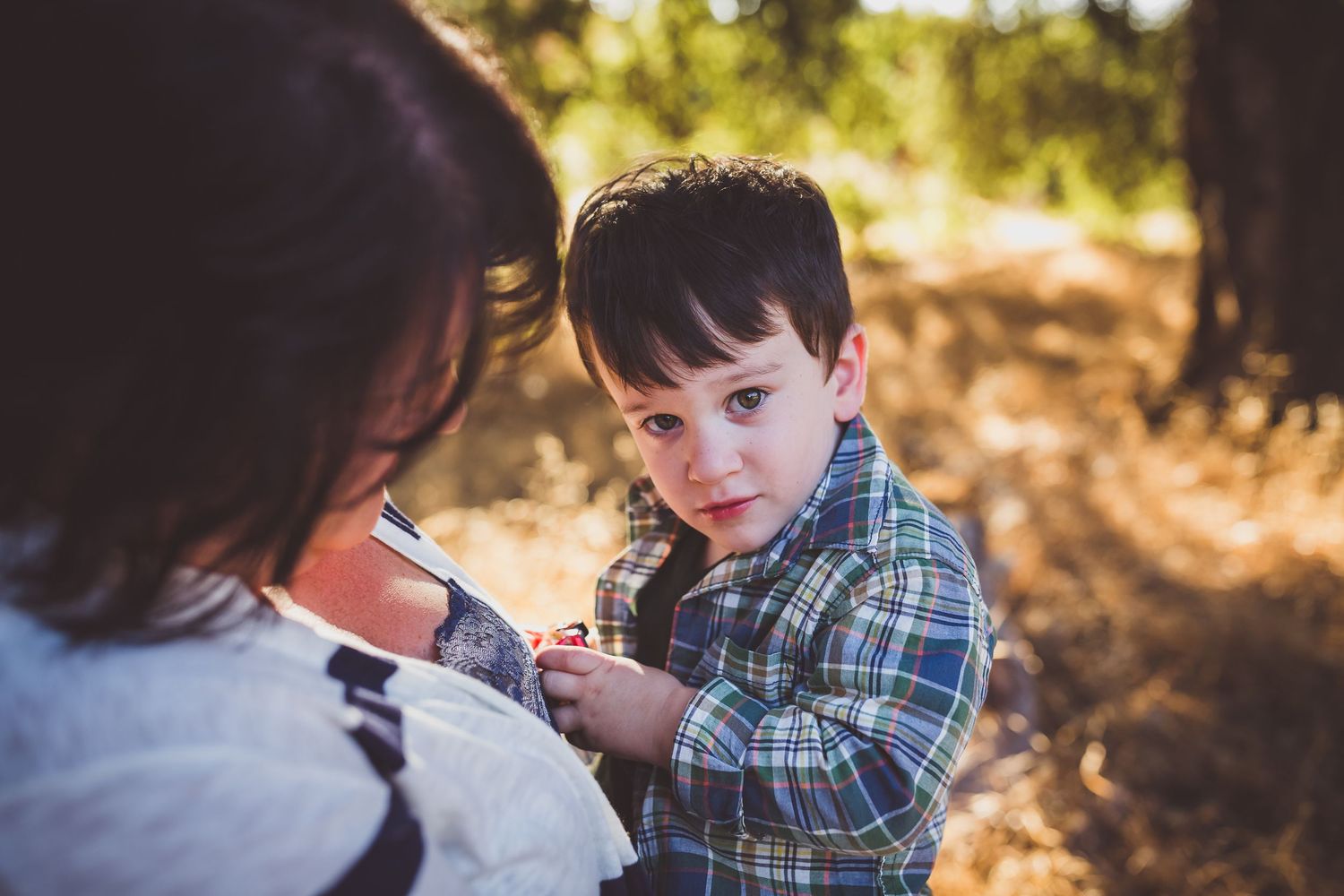 Young boy in plaid shirt holds hands with woman outdoors in warm sunlit natural setting.