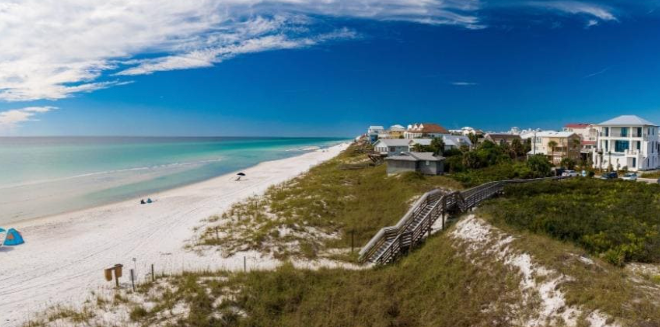 Aerial panoramic view of a pristine white sand beach with turquoise water, coastal homes, and lush dunes under a blue sky.