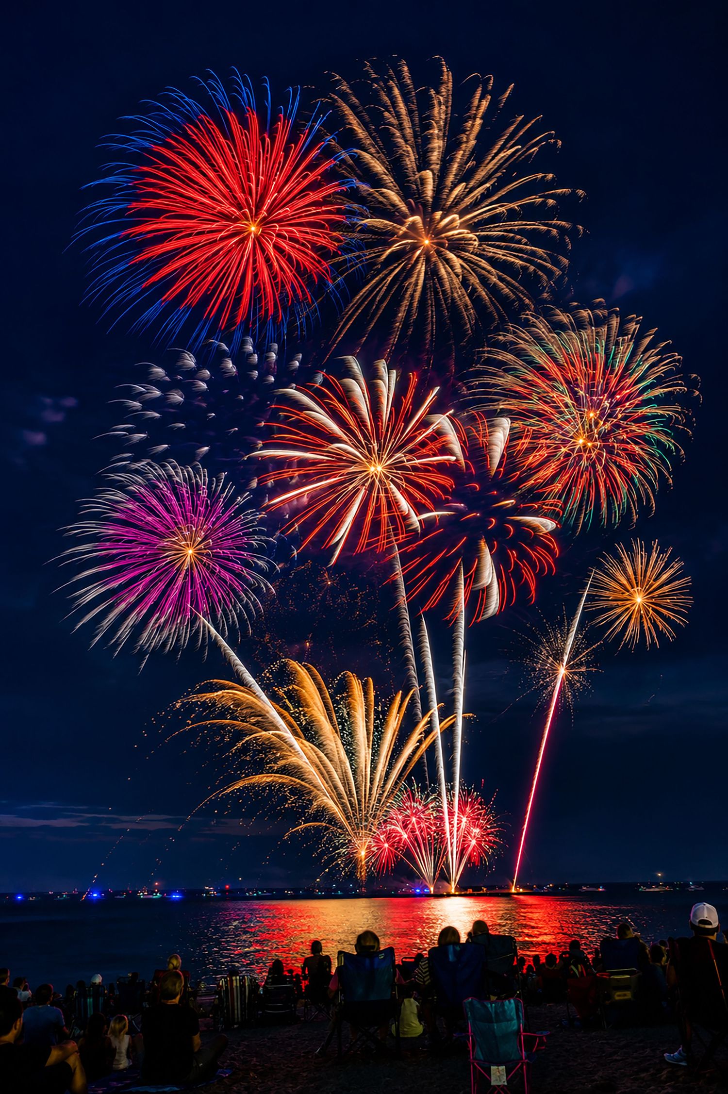 Colorful fireworks display over water at night with silhouetted crowd watching red, blue, and gold bursts light up the sky.