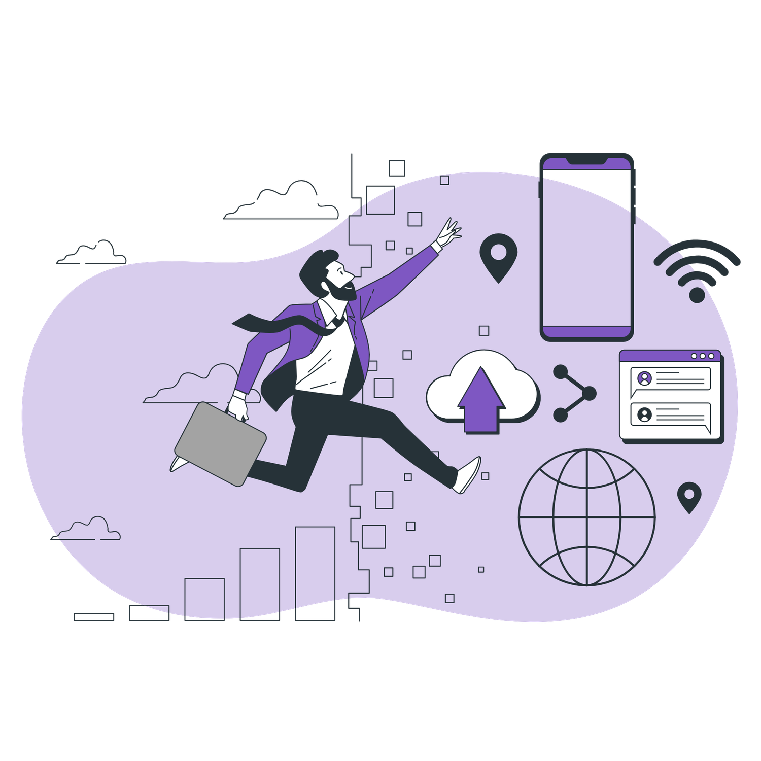 Businessman leaping forward with digital transformation icons including smartphone globe WiFi and cloud upload.