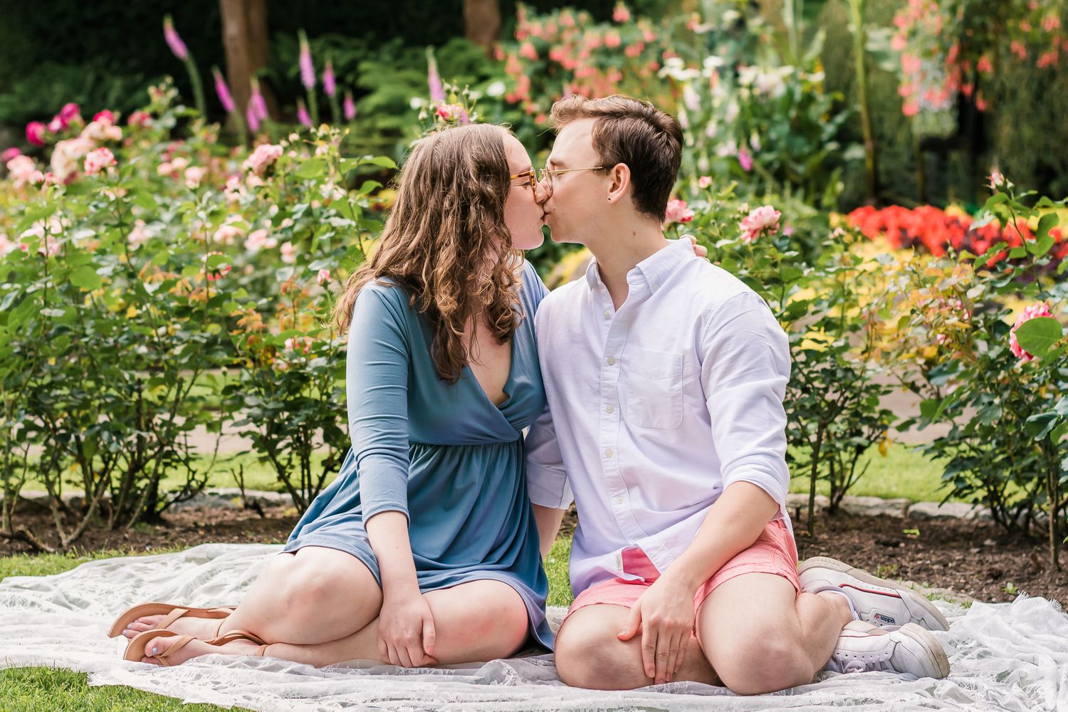 Romantic couples engagement session in Queens Park Rose Garden, New Westminster, BC, dreamy vibes, photo session