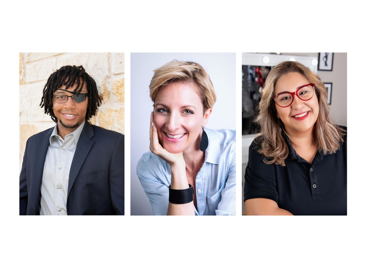 Collage of three professional headshots showing diverse individuals in business attire.