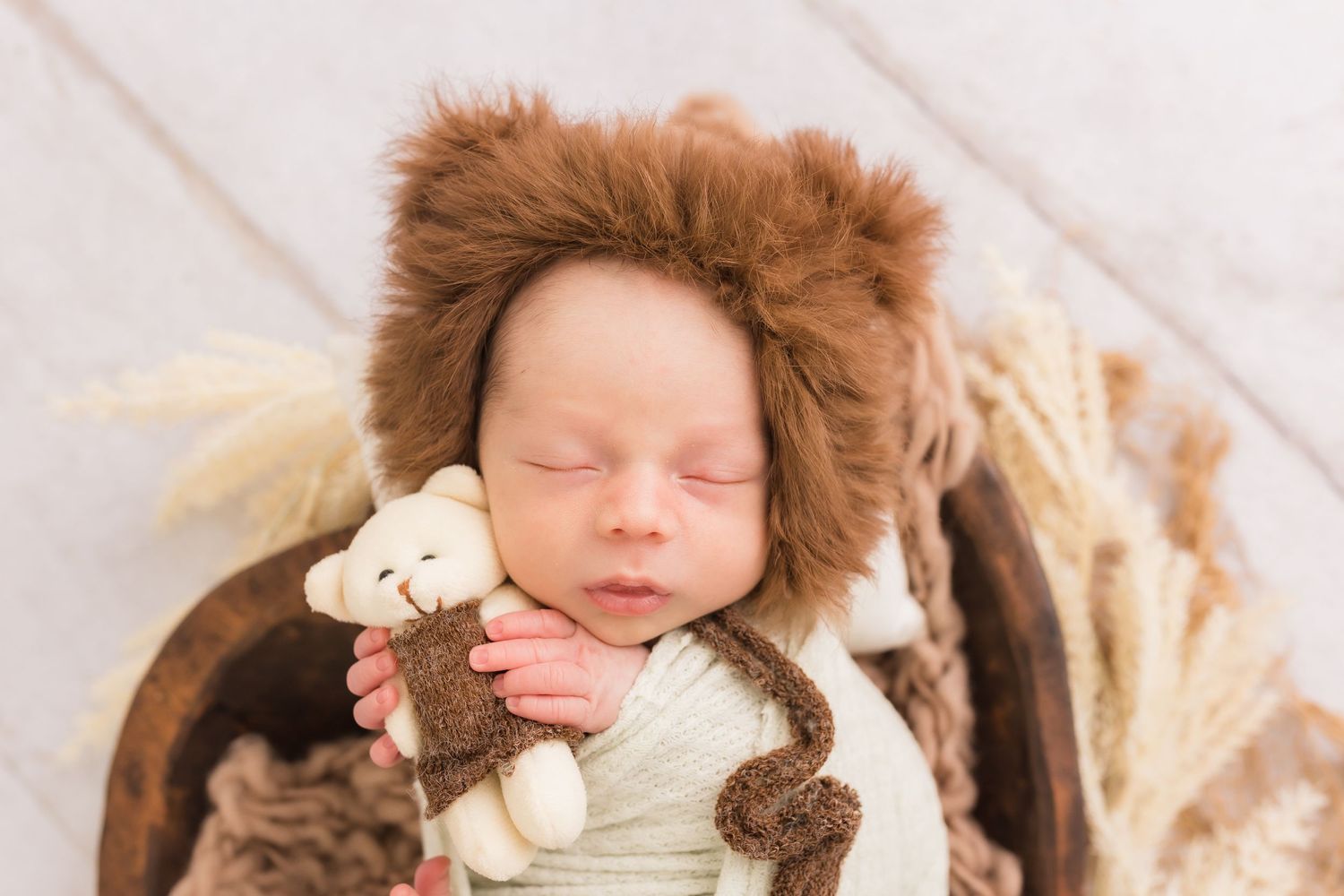 Sleeping newborn baby wearing brown lion bonnet hat cuddling teddy bear in wooden bowl prop.