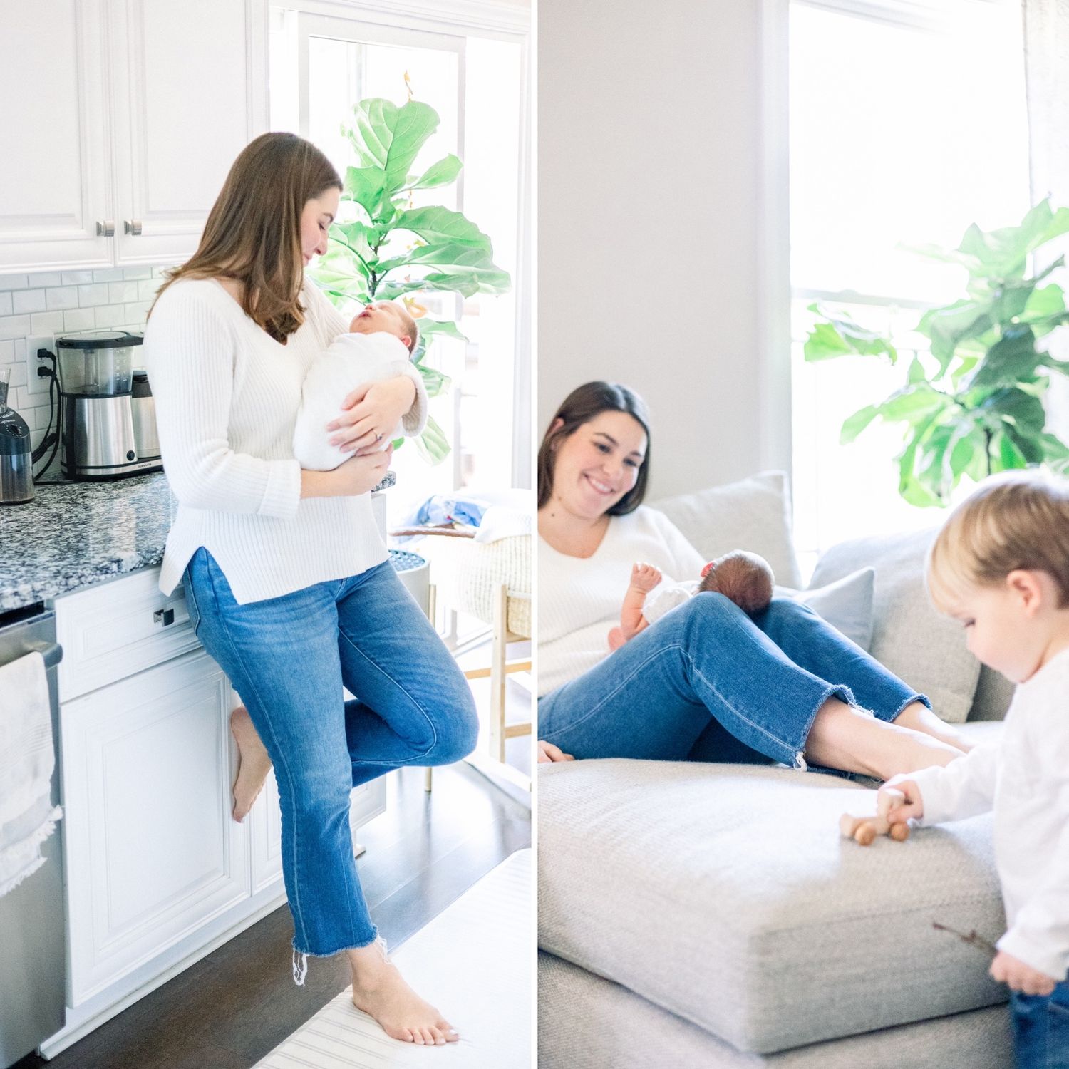Mom with newborn baby in Augusta Georgia home on crate and barrel couch.
