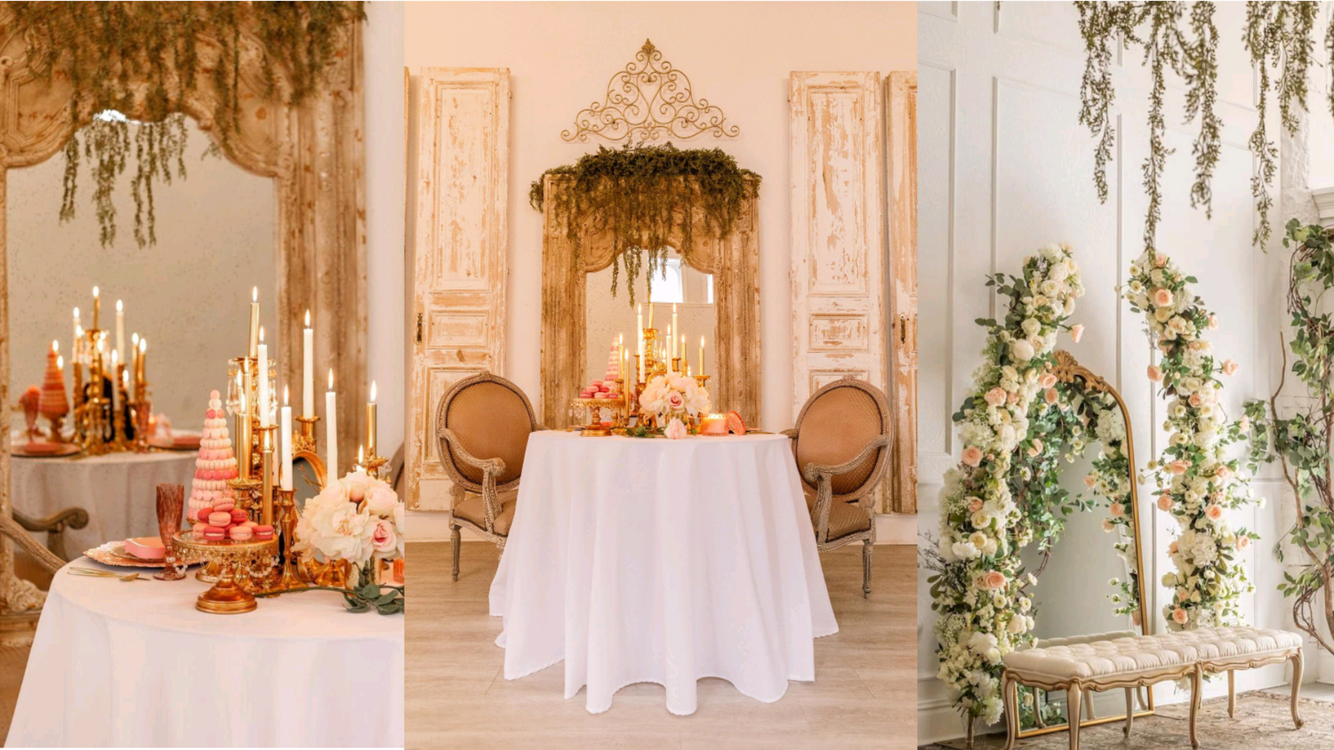 Elegant event setup with white tablecloth, candles and vintage chairs in dreamy pastel room.