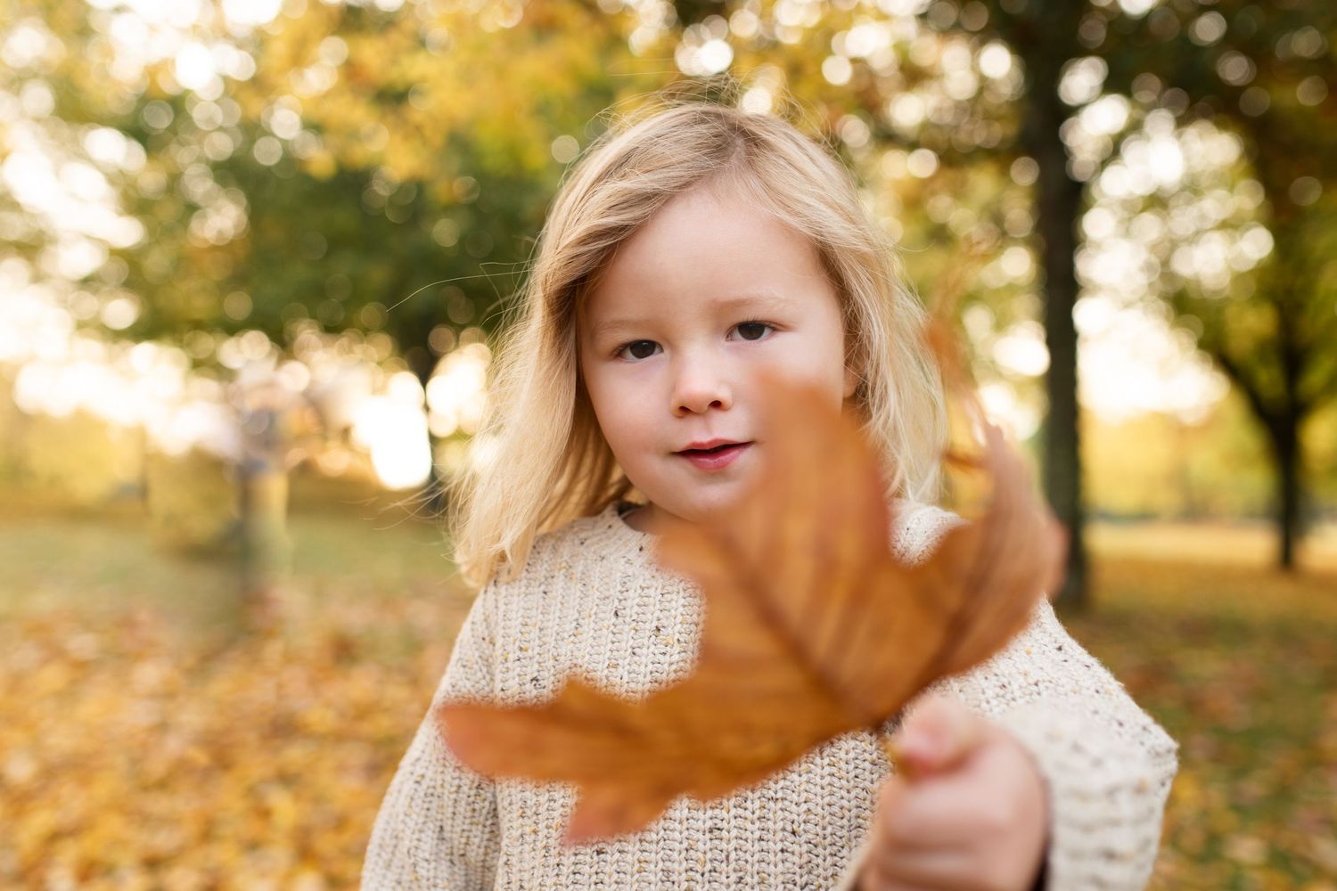 Person holding up autumn leaf in front of face with soft golden lighting.