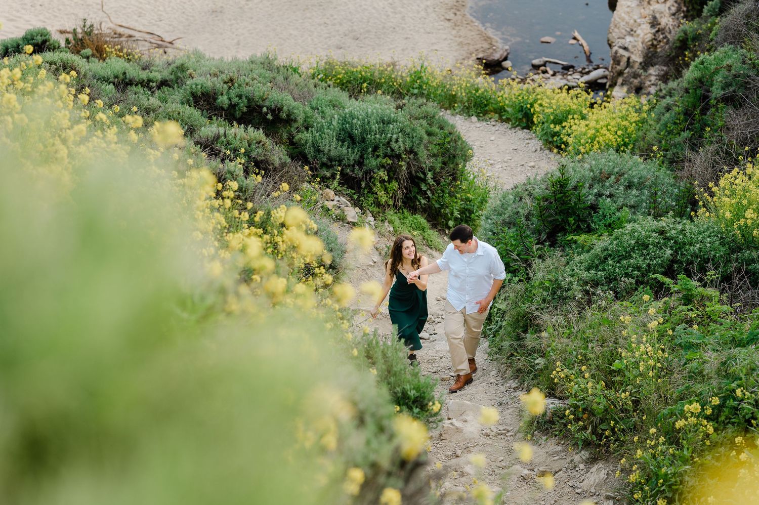 A couple walks through a coastal path lined with yellow wildflowers.