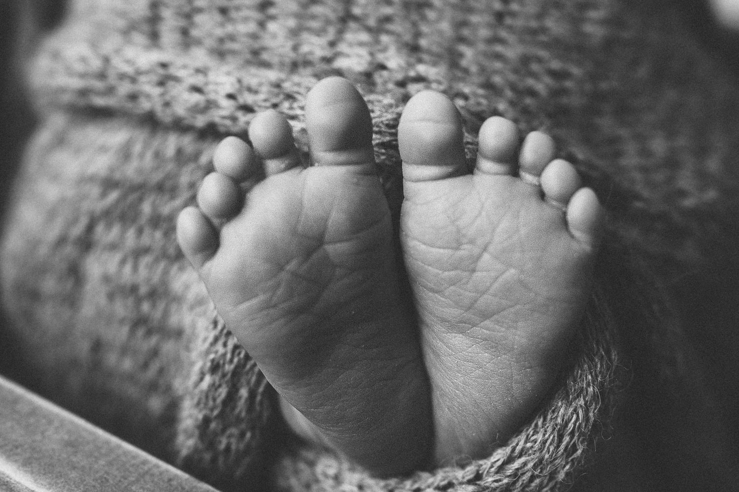 Black and white close-up of newborn baby feet wrapped in a soft knit blanket.