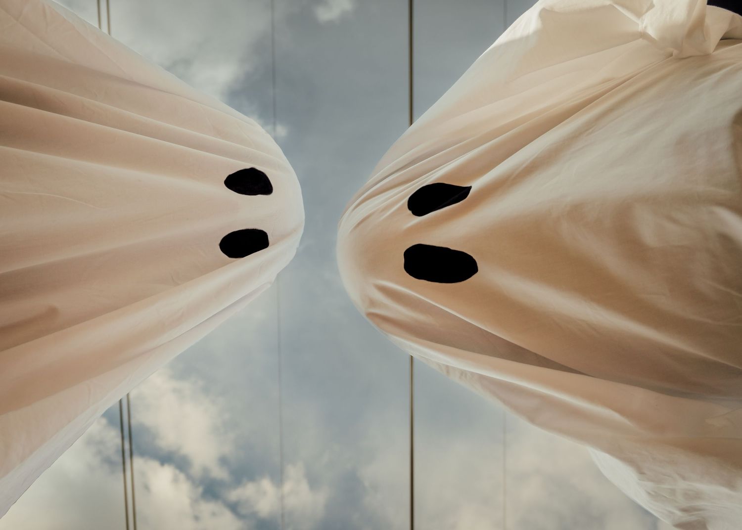 Best friends dressed up as ghosts looking over photographer.