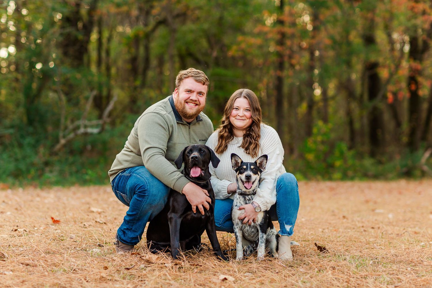 A couple poses outdoors with their two dogs, a black lab and small speckled dog, on a fall day in the woods.