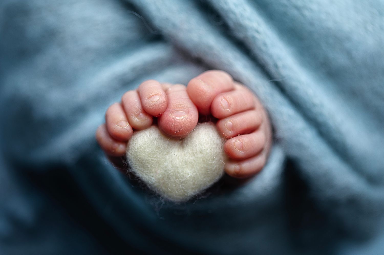 Close-up of tiny newborn feet resting on heart-shaped cushion against blue background.