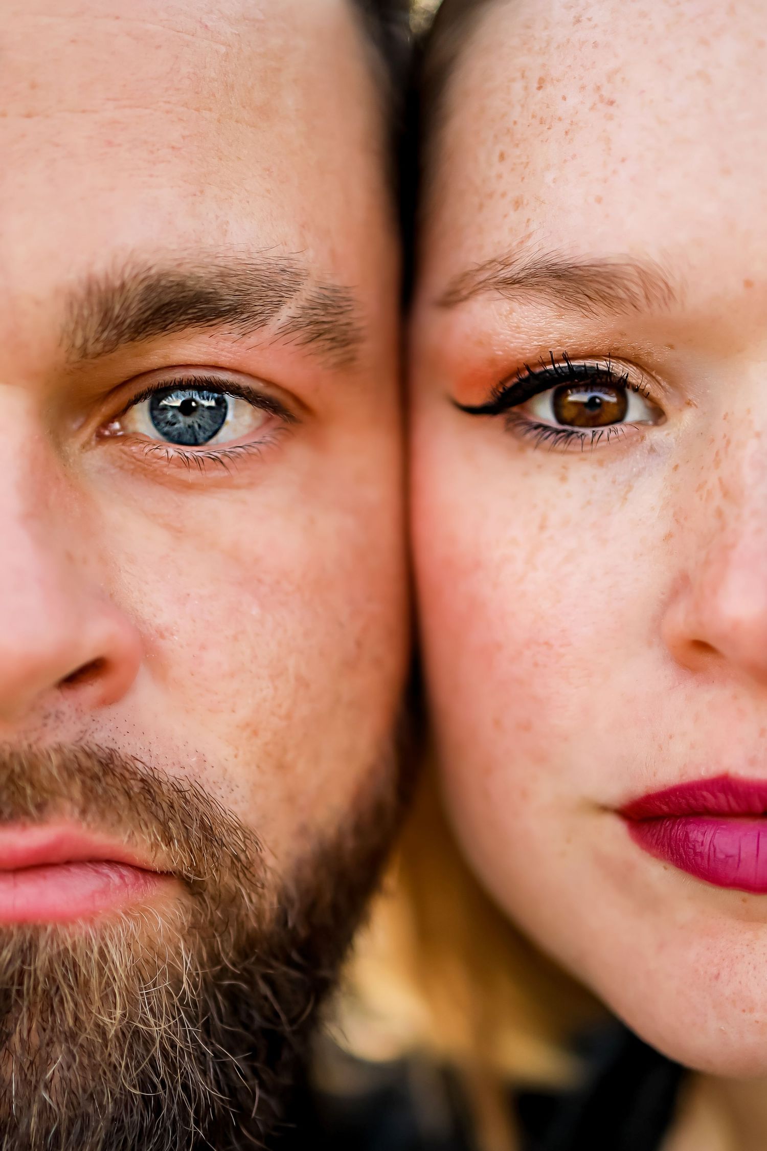 Artistic macro photo showing facial features and expressions of two people in intimate detail.