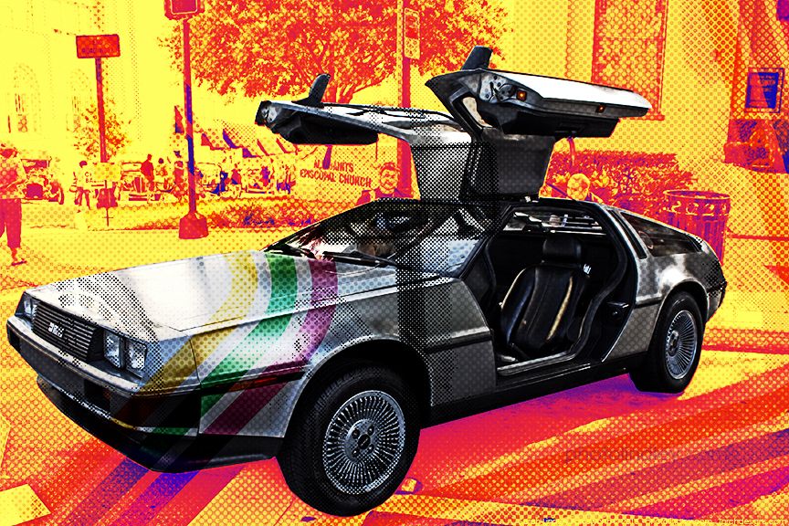 DeLorean with its gull-wing doors open against a bright, colorful retro pop-art background.