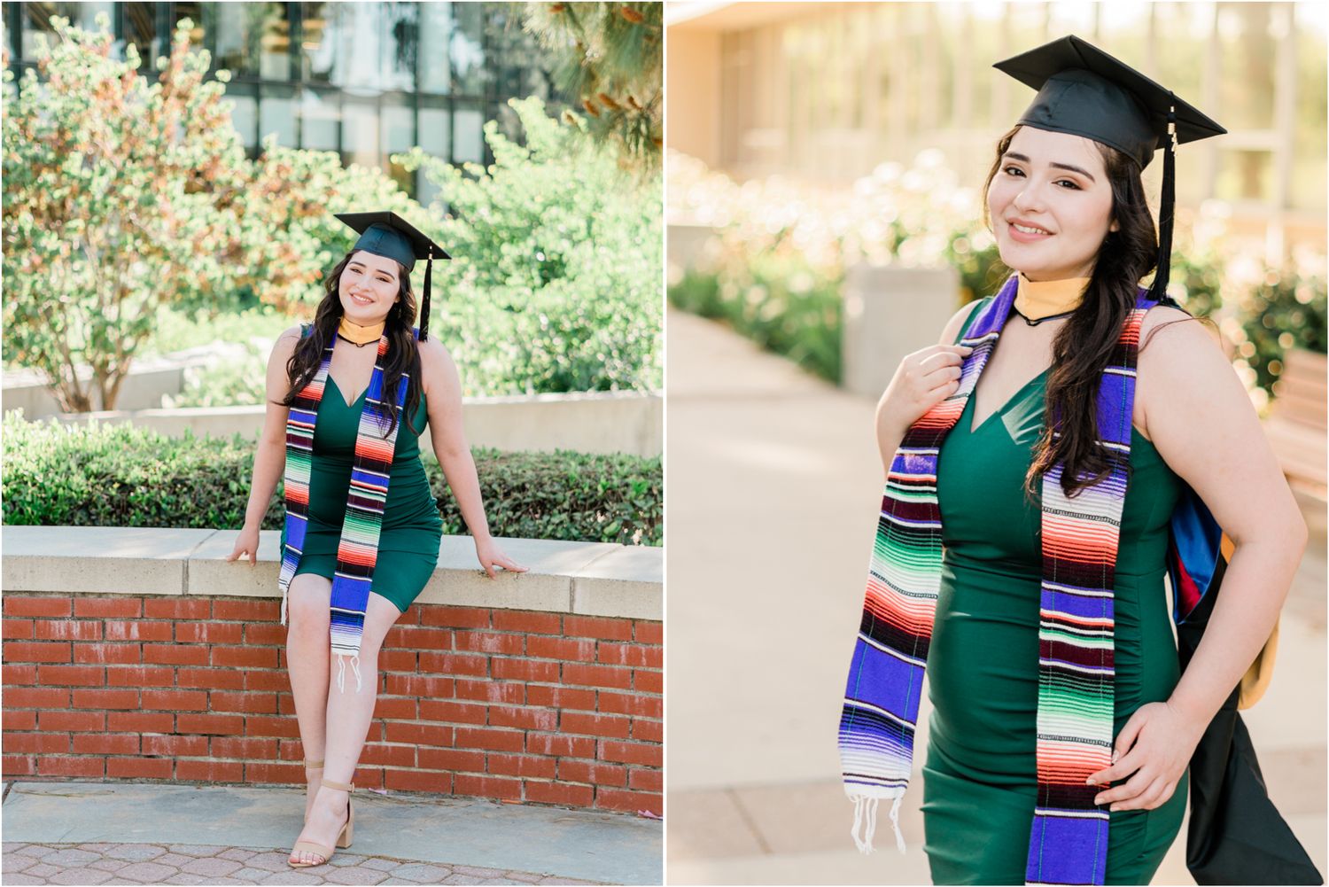 Fresno State graduate in green dress during grad photo session on Fresno State campus in the Central Valley.