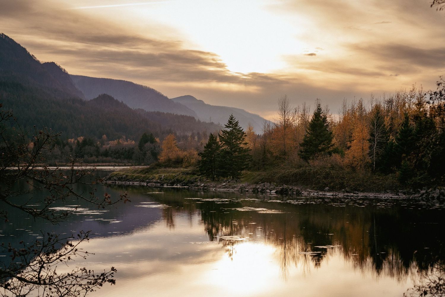 Fall sunset over Columbia River Gorge with golden trees, calm river in foreground, and mountain silhouette in the background.