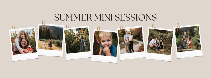 A collection of seven polaroid-style photos arranged horizontally showcasing outdoor summer photography sessions.