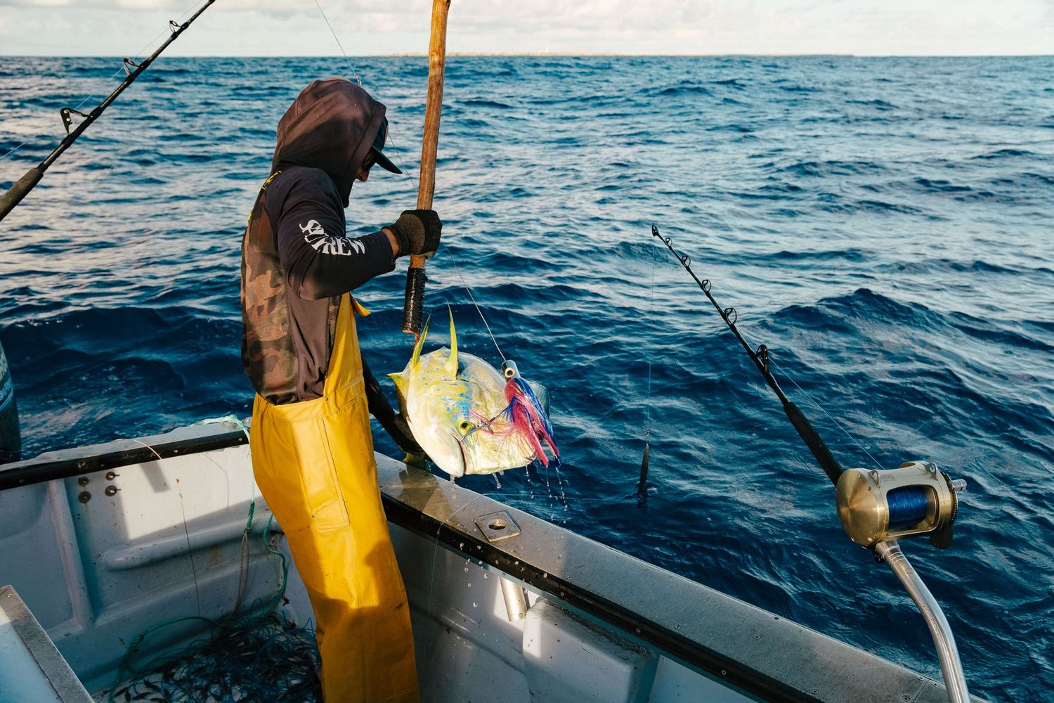 Commercial fishermen haul in nets from deep blue ocean waters during a fishing expedition at sea.