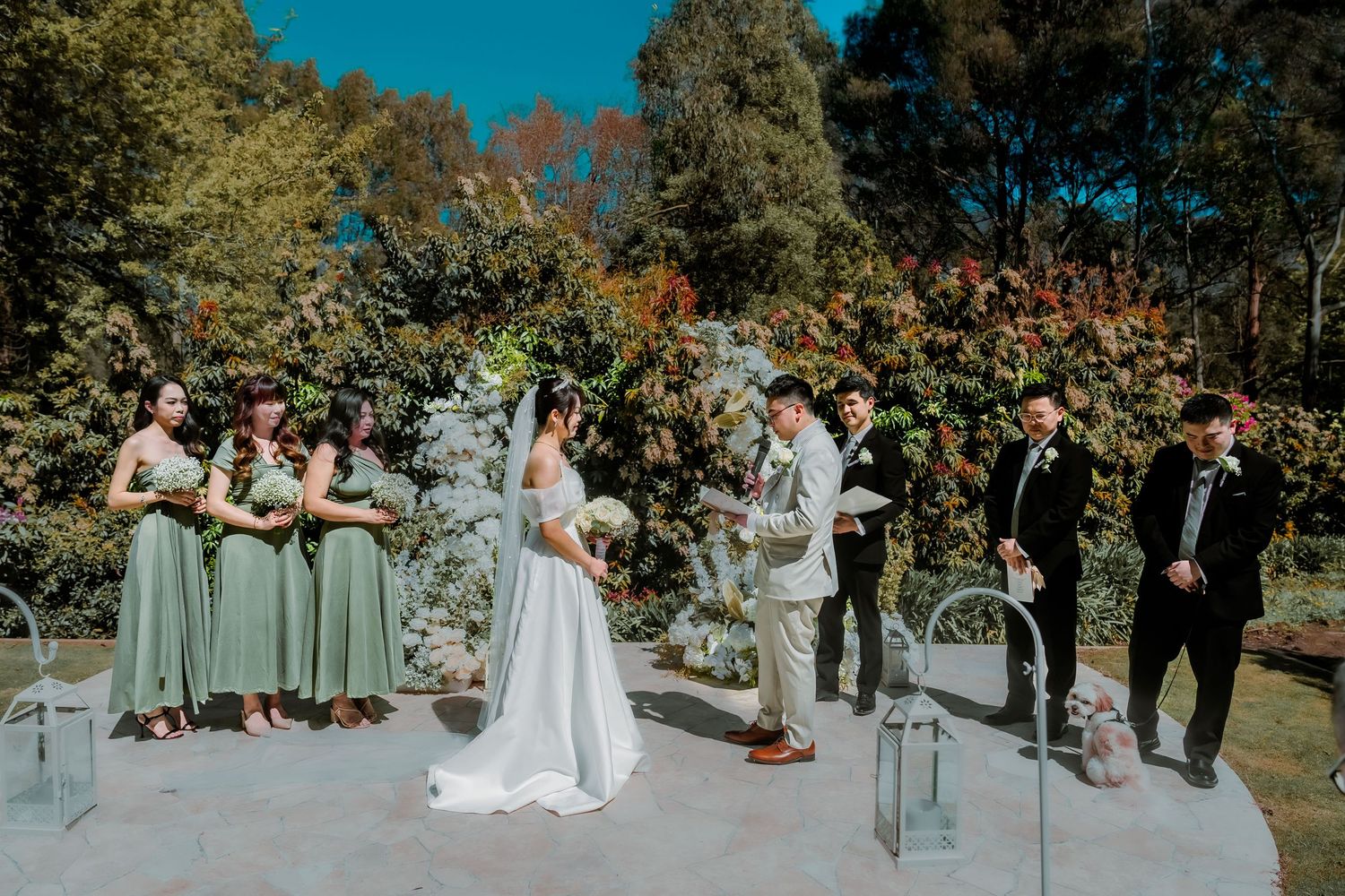 A wedding party stands outdoors in a line wearing sage green and black attire during an autumn ceremony.