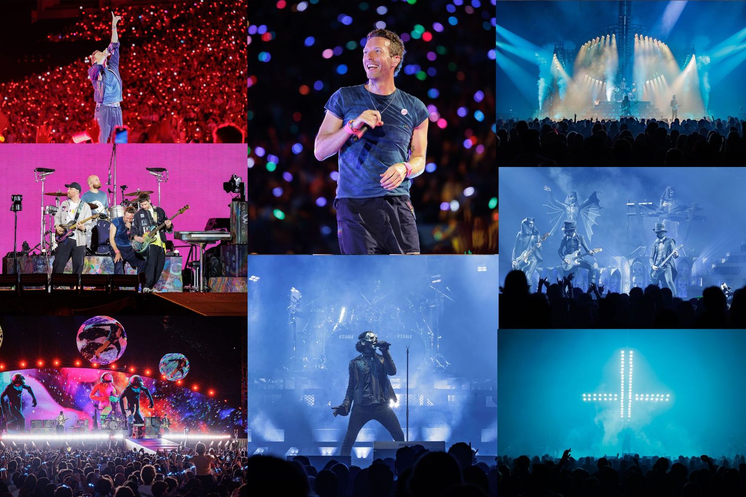 Collage of concert performances of Coldplay at Hard Rock Stadium and Ghost at Kaseya Center shot by Pati Laylle for The Miami New Times
