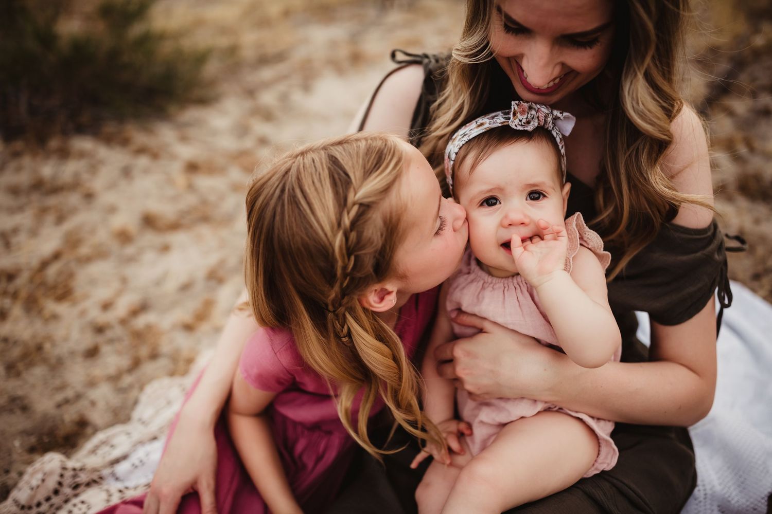 A loving family moment captured in a series of seven candid photos showing affection and togetherness outdoors.