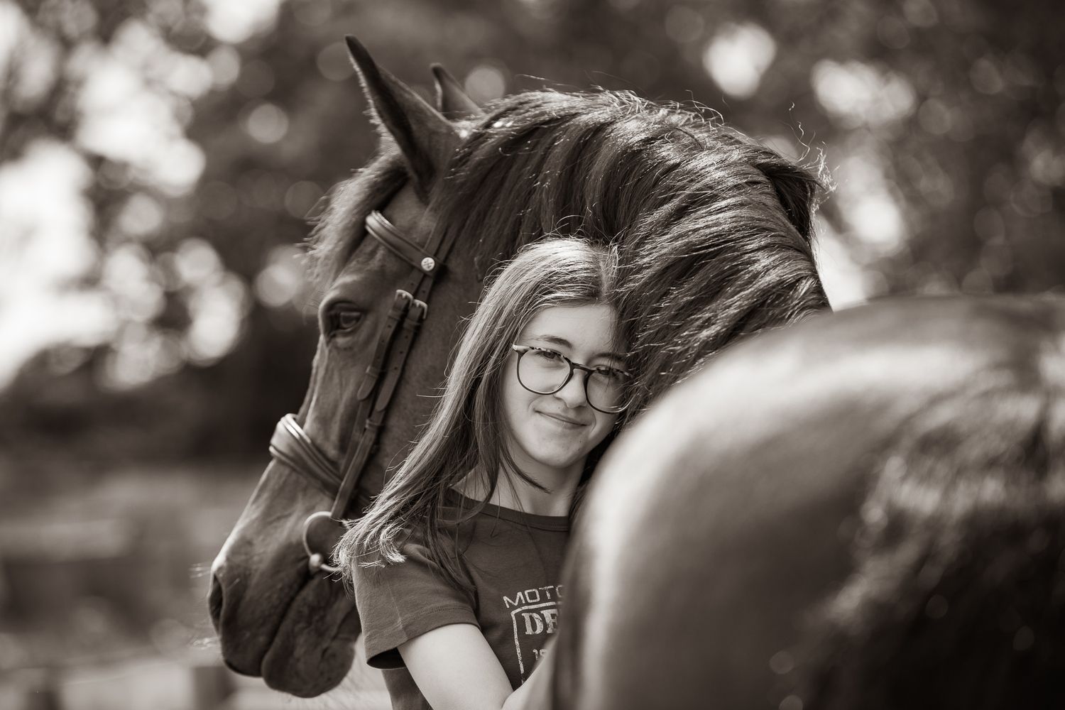 A person leads a palomino horse along a sunlit forest trail surrounded by tall evergreen trees.